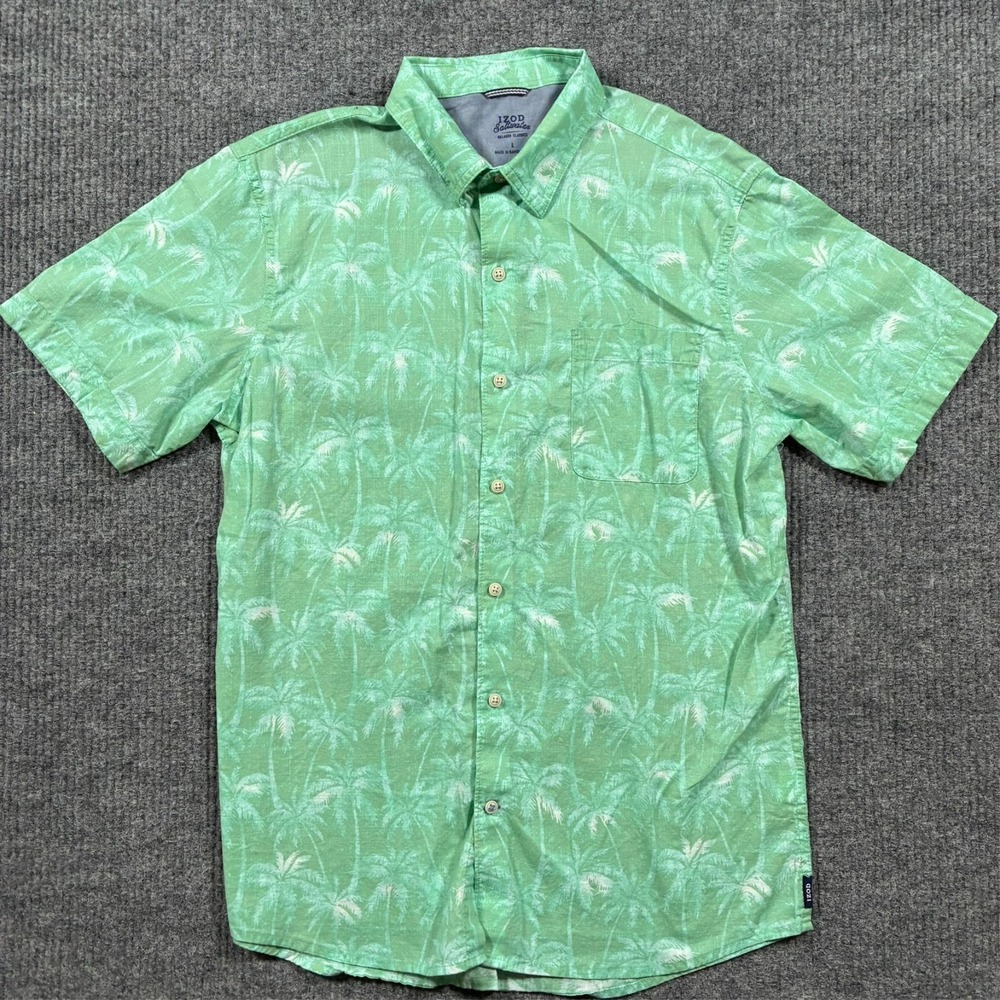 IZOD Saltwater Mens L Palm Tree Shirt Green Tropicalā Button Up Relaxed Classics